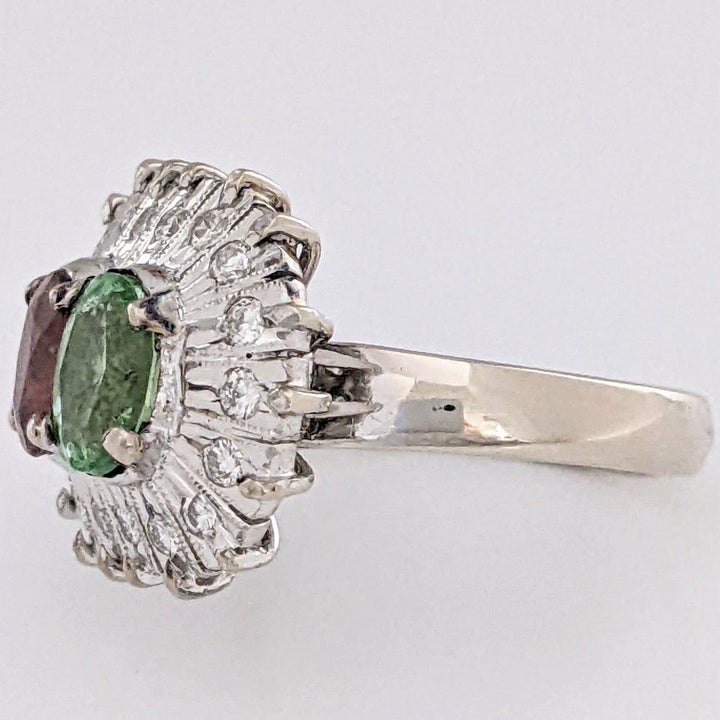 10K WHITE PINK/ GREEN TOURMALINE OVAL 5X7 WITH (18) MELEE ESTATE RING 6.7 GRAMS