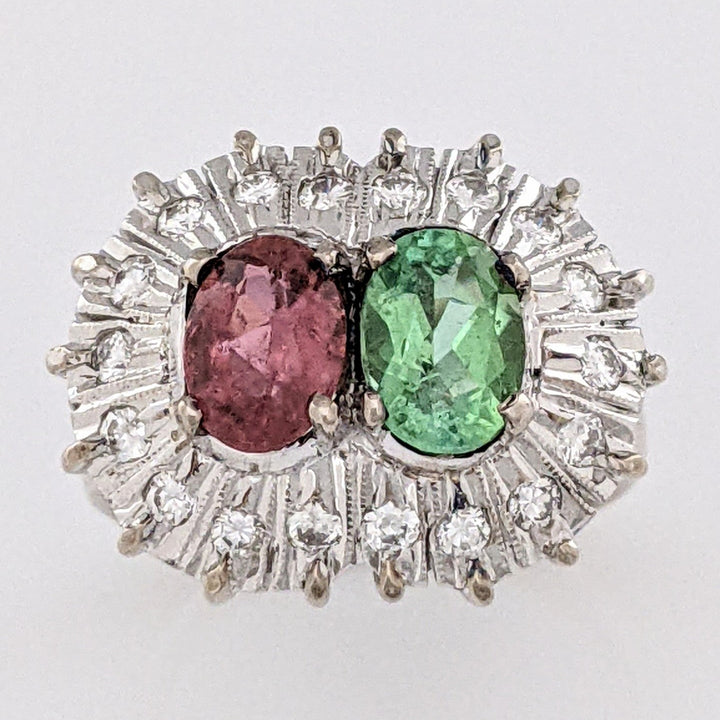 10K WHITE PINK/ GREEN TOURMALINE OVAL 5X7 WITH (18) MELEE ESTATE RING 6.7 GRAMS