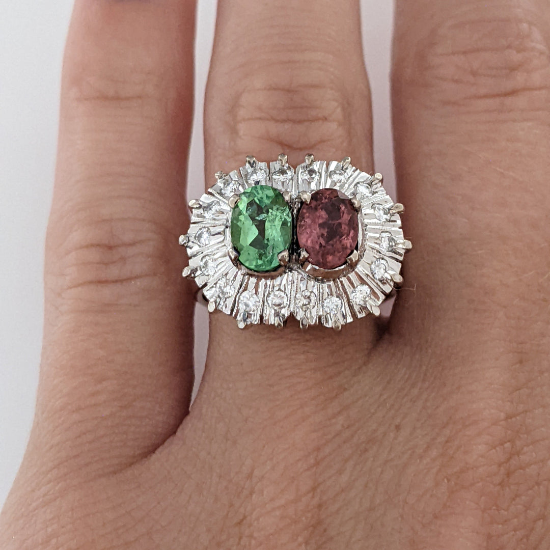 10K WHITE PINK/ GREEN TOURMALINE OVAL 5X7 WITH (18) MELEE ESTATE RING 6.7 GRAMS