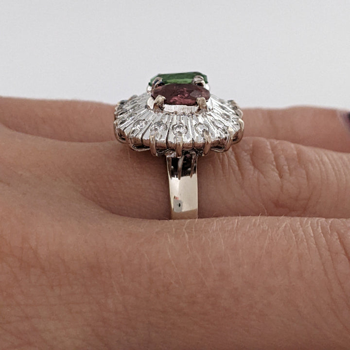 10K WHITE PINK/ GREEN TOURMALINE OVAL 5X7 WITH (18) MELEE ESTATE RING 6.7 GRAMS