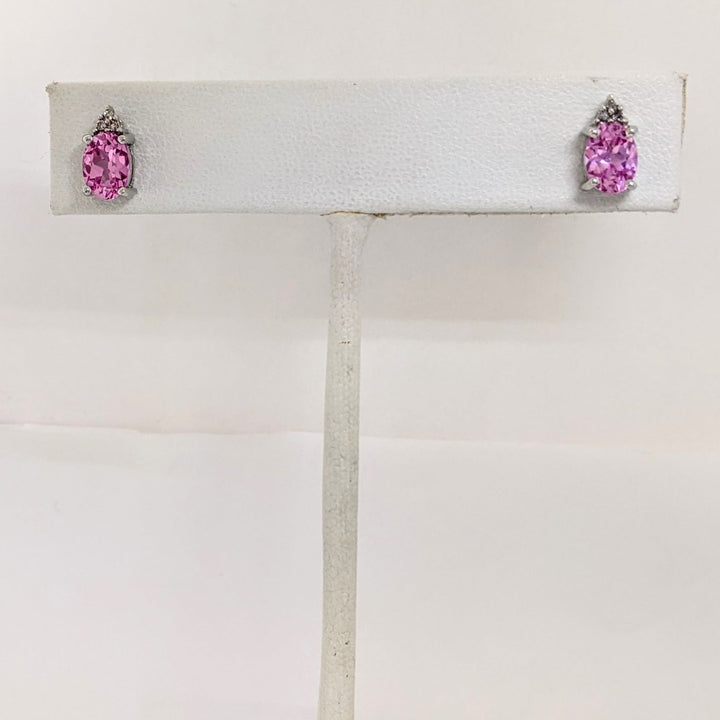 10K LAB-CREATED PINK SAPPHIRE OVAL 5X7 WITH (6) MELEE ESTATE EARRINGS 1.6 GRAMS