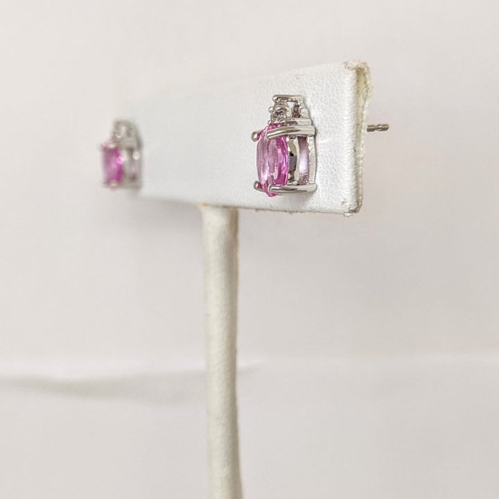 10K LAB-CREATED PINK SAPPHIRE OVAL 5X7 WITH (6) MELEE ESTATE EARRINGS 1.6 GRAMS