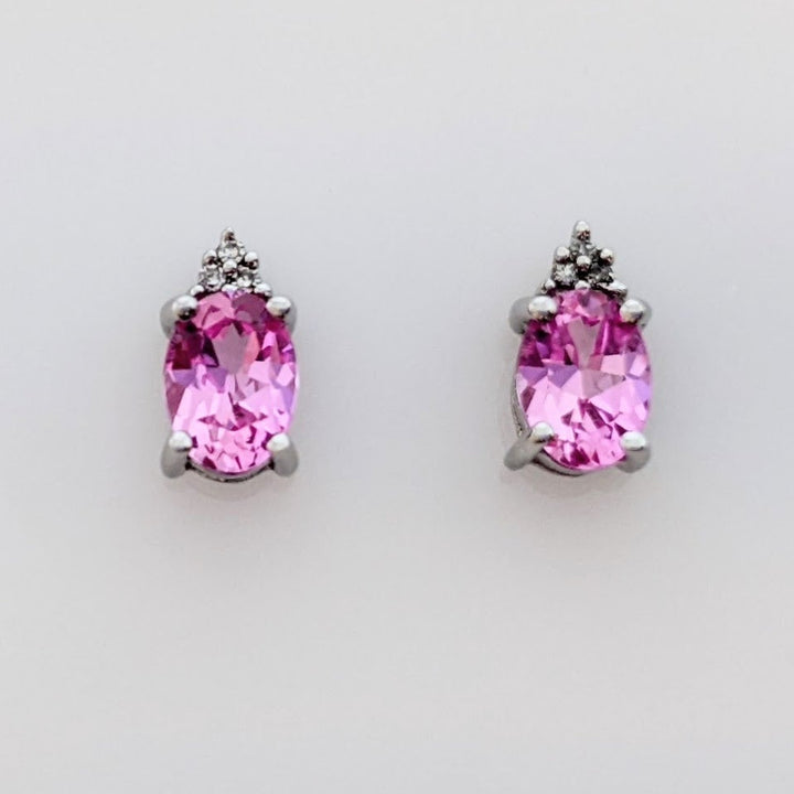 10K LAB-CREATED PINK SAPPHIRE OVAL 5X7 WITH (6) MELEE ESTATE EARRINGS 1.6 GRAMS