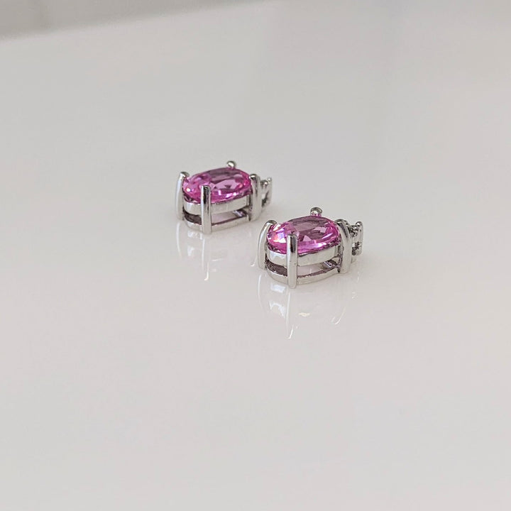 10K LAB-CREATED PINK SAPPHIRE OVAL 5X7 WITH (6) MELEE ESTATE EARRINGS 1.6 GRAMS