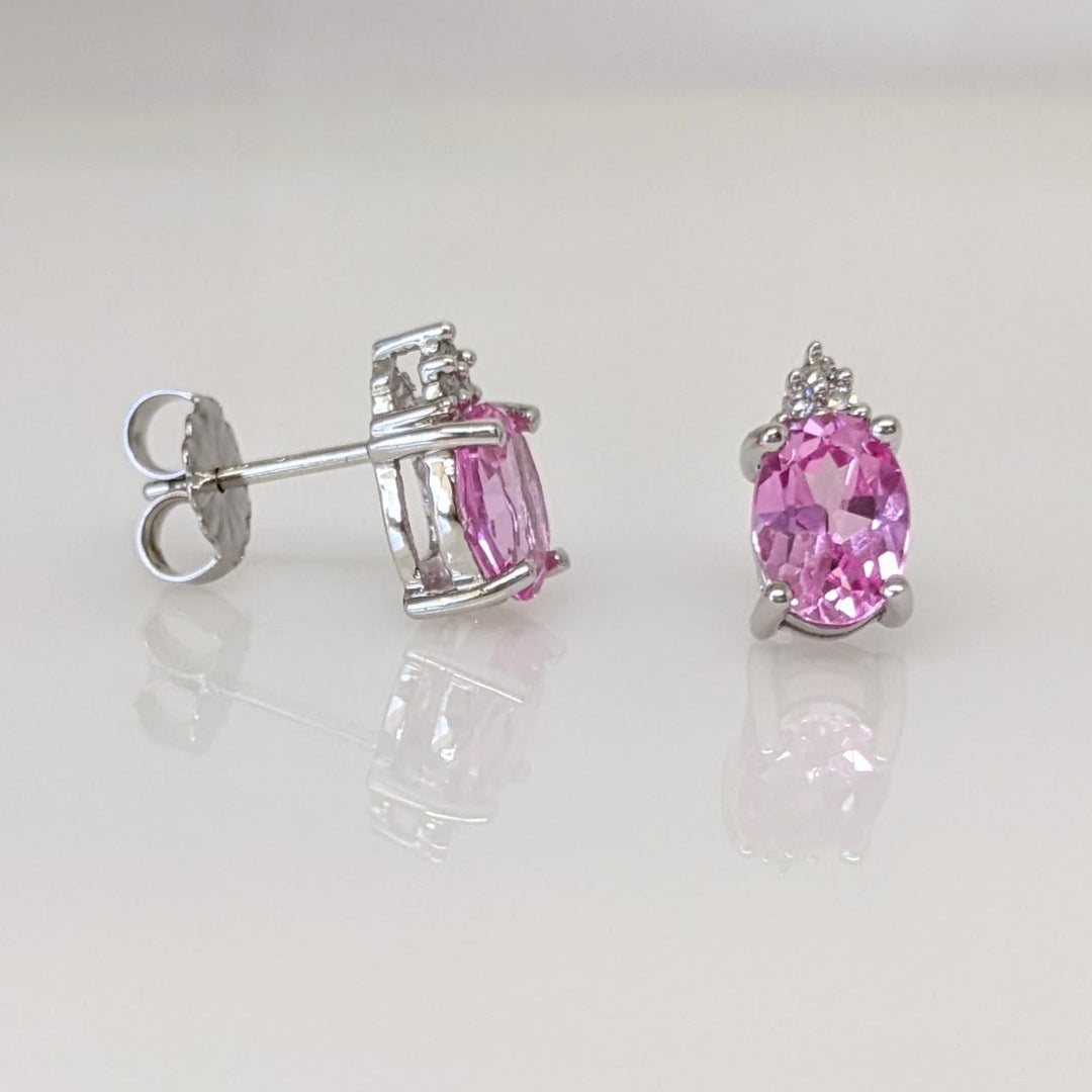 10K LAB-CREATED PINK SAPPHIRE OVAL 5X7 WITH (6) MELEE ESTATE EARRINGS 1.6 GRAMS