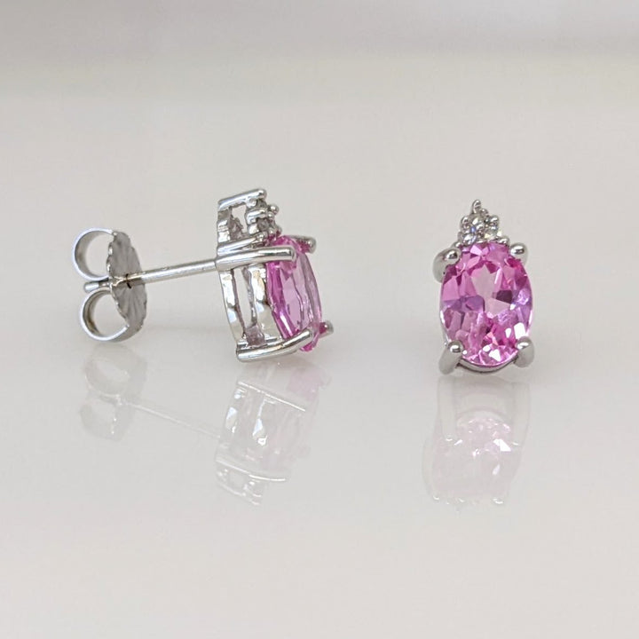 10K LAB-CREATED PINK SAPPHIRE OVAL 5X7 WITH (6) MELEE ESTATE EARRINGS 1.6 GRAMS