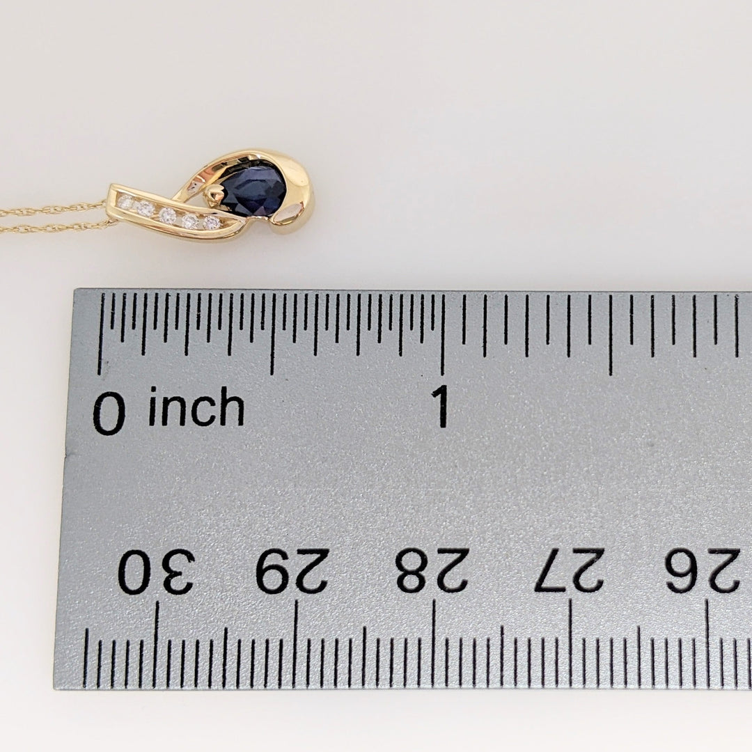 14K SAPPHIRE PEAR 3.4X4.2 WITH (5) MELEE ESTATE PENDANT & CHAIN 1.6 GRAMS