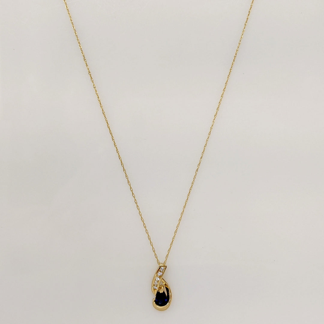 14K SAPPHIRE PEAR 3.4X4.2 WITH (5) MELEE ESTATE PENDANT & CHAIN 1.6 GRAMS