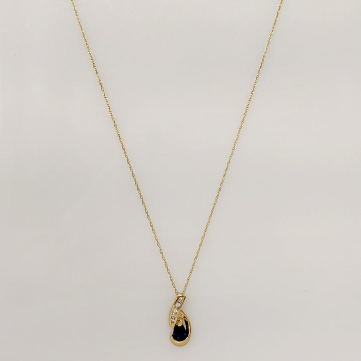 14K SAPPHIRE PEAR 3.4X4.2 WITH (5) MELEE ESTATE PENDANT & CHAIN 1.6 GRAMS