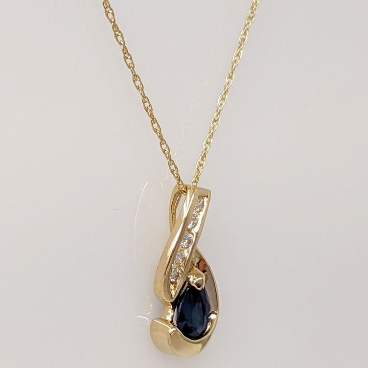 14K SAPPHIRE PEAR 3.4X4.2 WITH (5) MELEE ESTATE PENDANT & CHAIN 1.6 GRAMS
