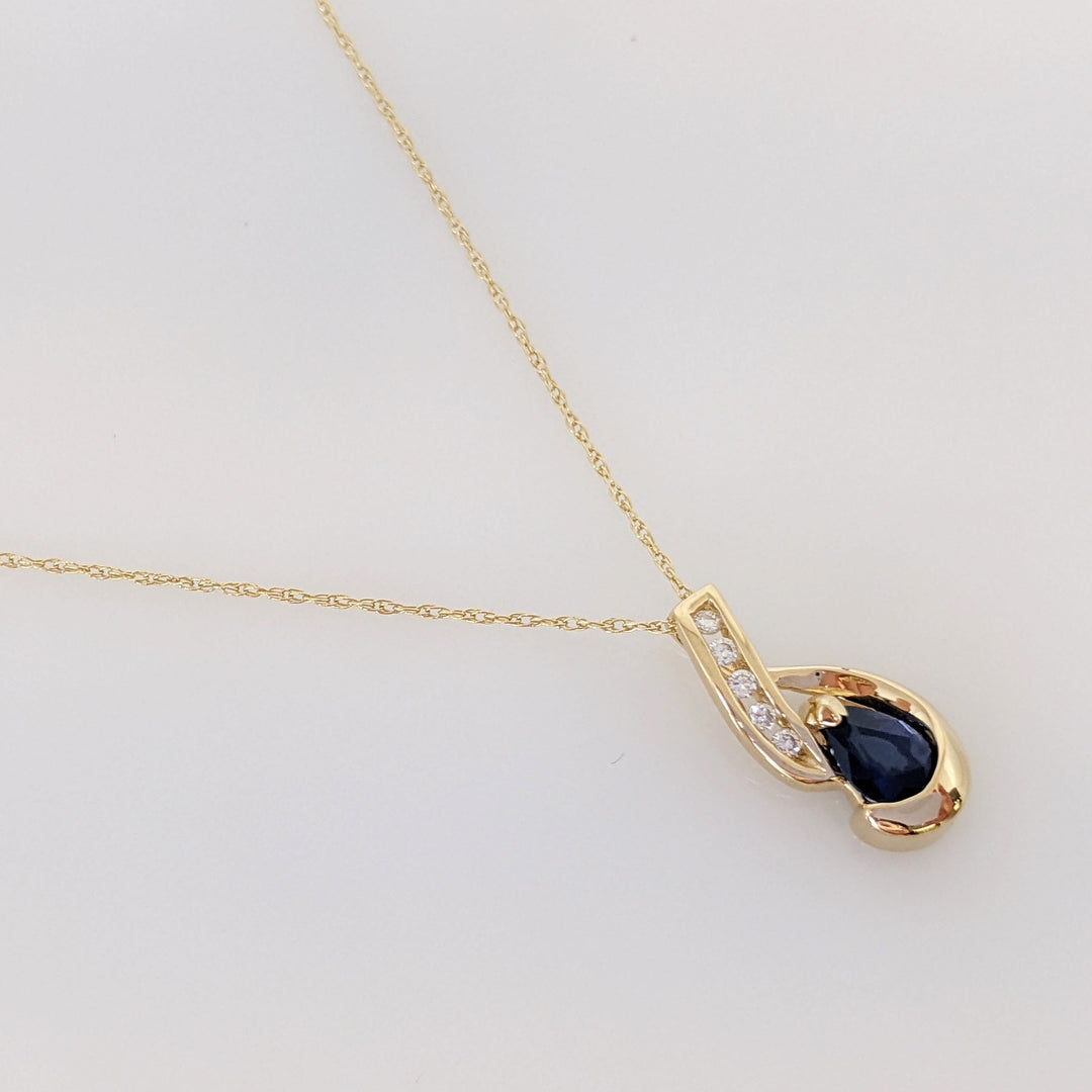 14K SAPPHIRE PEAR 3.4X4.2 WITH (5) MELEE ESTATE PENDANT & CHAIN 1.6 GRAMS