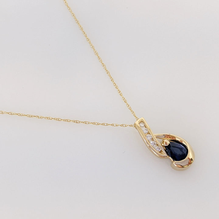 14K SAPPHIRE PEAR 3.4X4.2 WITH (5) MELEE ESTATE PENDANT & CHAIN 1.6 GRAMS