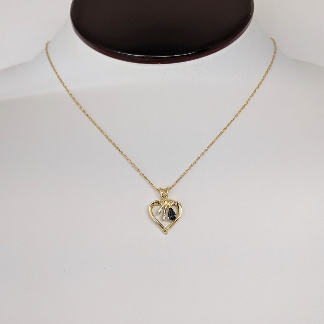 14K SAPPHIRE PEAR 3X4 WITH (2) MELEE ESTATE HEART PENDANT & CHAIN 2.8 GRAMS