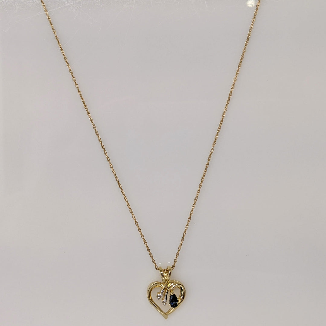 14K SAPPHIRE PEAR 3X4 WITH (2) MELEE ESTATE HEART PENDANT & CHAIN 2.8 GRAMS