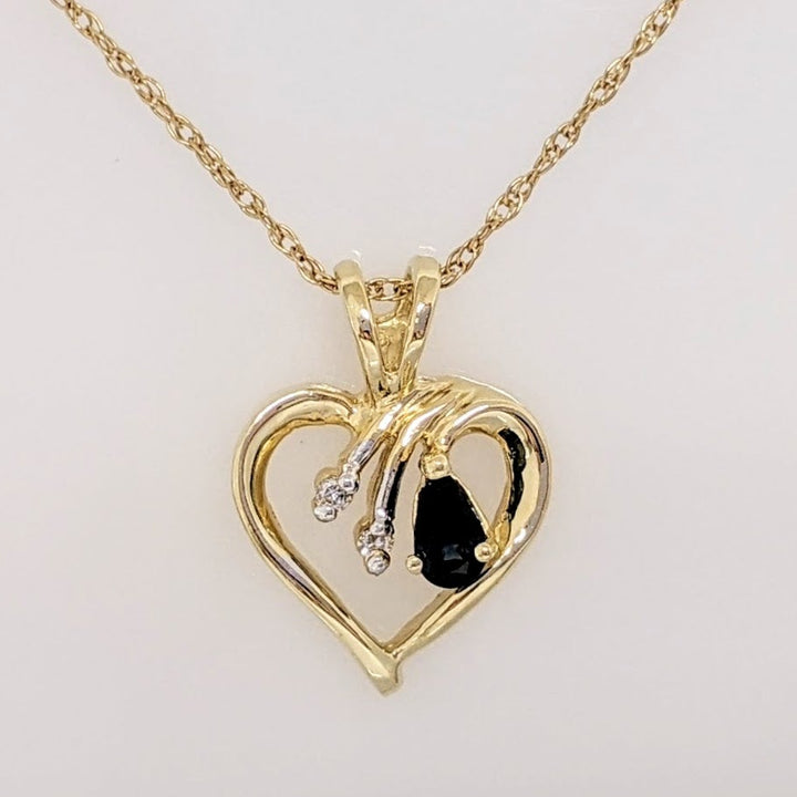 14K SAPPHIRE PEAR 3X4 WITH (2) MELEE ESTATE HEART PENDANT & CHAIN 2.8 GRAMS