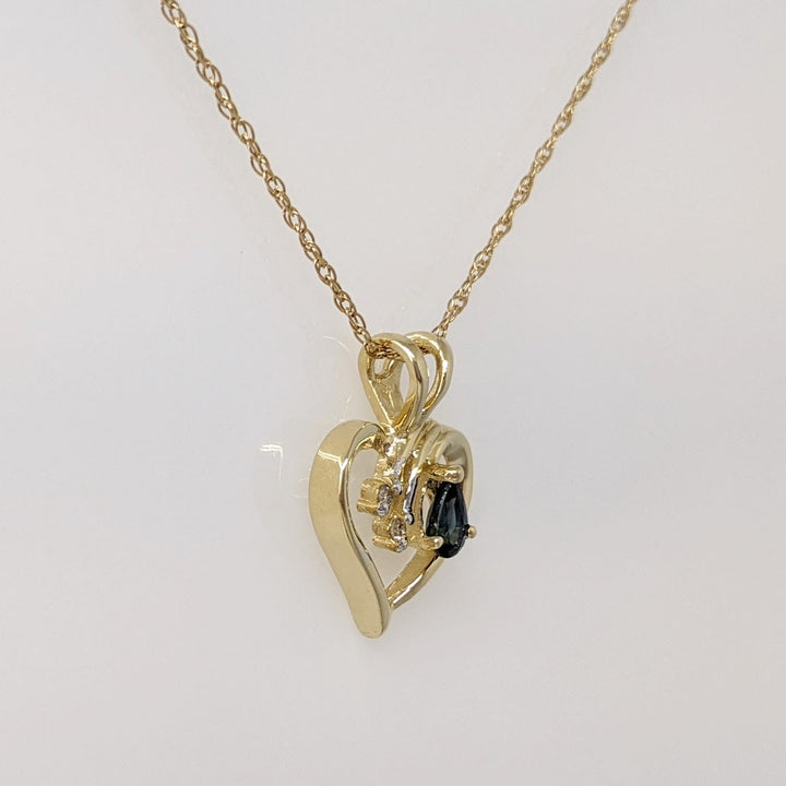 14K SAPPHIRE PEAR 3X4 WITH (2) MELEE ESTATE HEART PENDANT & CHAIN 2.8 GRAMS