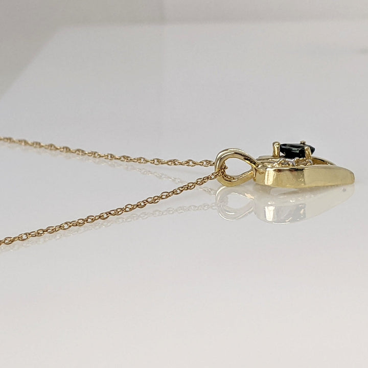 14K SAPPHIRE PEAR 3X4 WITH (2) MELEE ESTATE HEART PENDANT & CHAIN 2.8 GRAMS