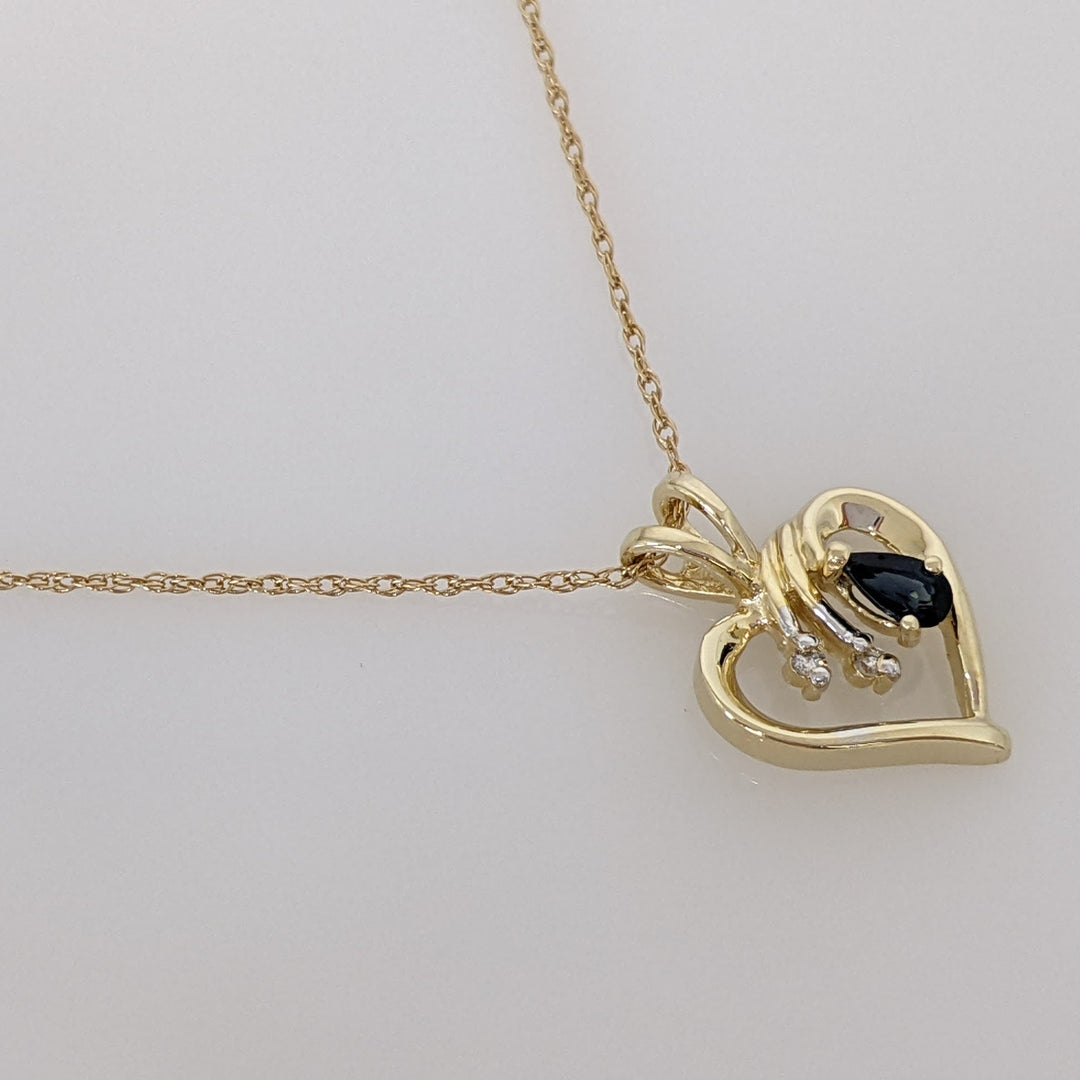 14K SAPPHIRE PEAR 3X4 WITH (2) MELEE ESTATE HEART PENDANT & CHAIN 2.8 GRAMS