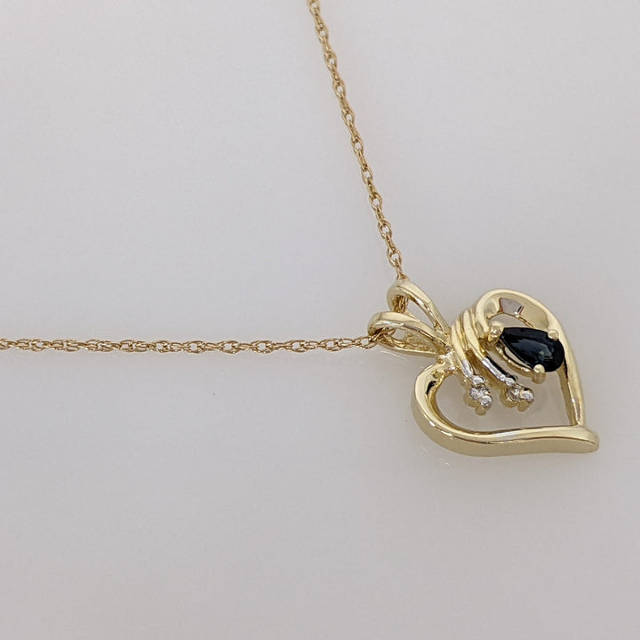 14K SAPPHIRE PEAR 3X4 WITH (2) MELEE ESTATE HEART PENDANT & CHAIN 2.8 GRAMS