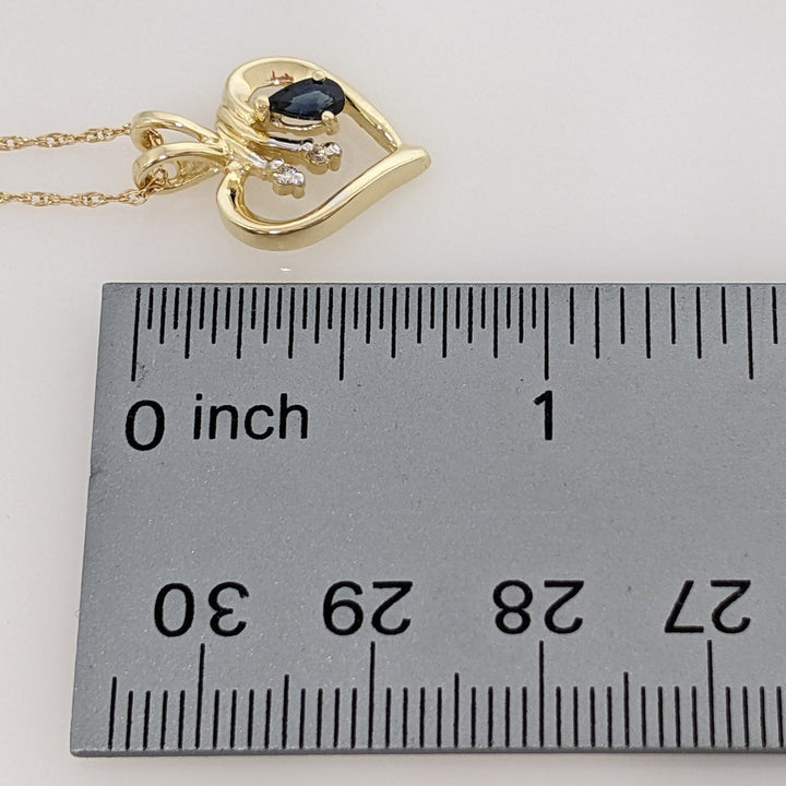 14K SAPPHIRE PEAR 3X4 WITH (2) MELEE ESTATE HEART PENDANT & CHAIN 2.8 GRAMS