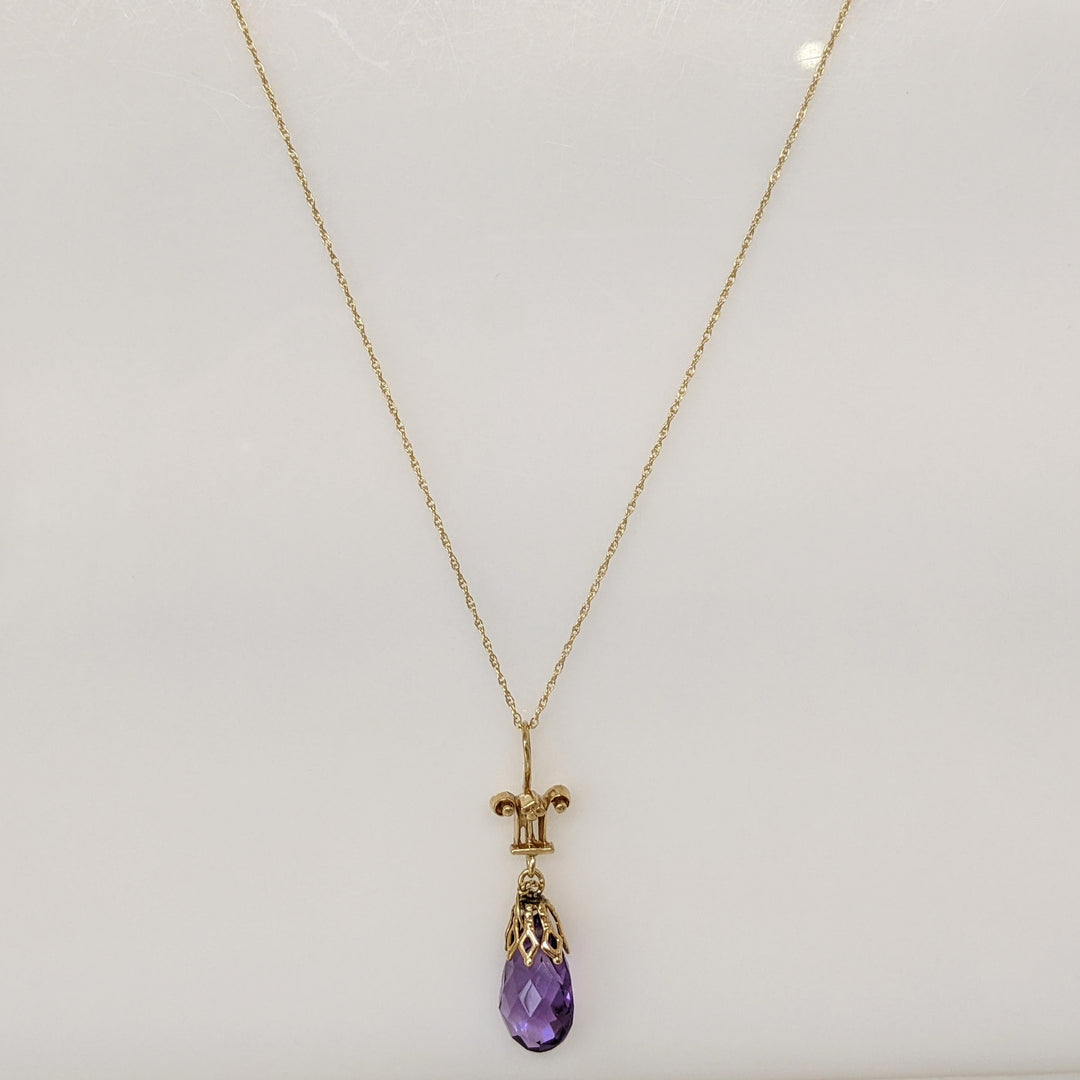 14K AMETHYST BRIOLETTE ESTATE PENDANT & CHAIN 2.6 GRAMS