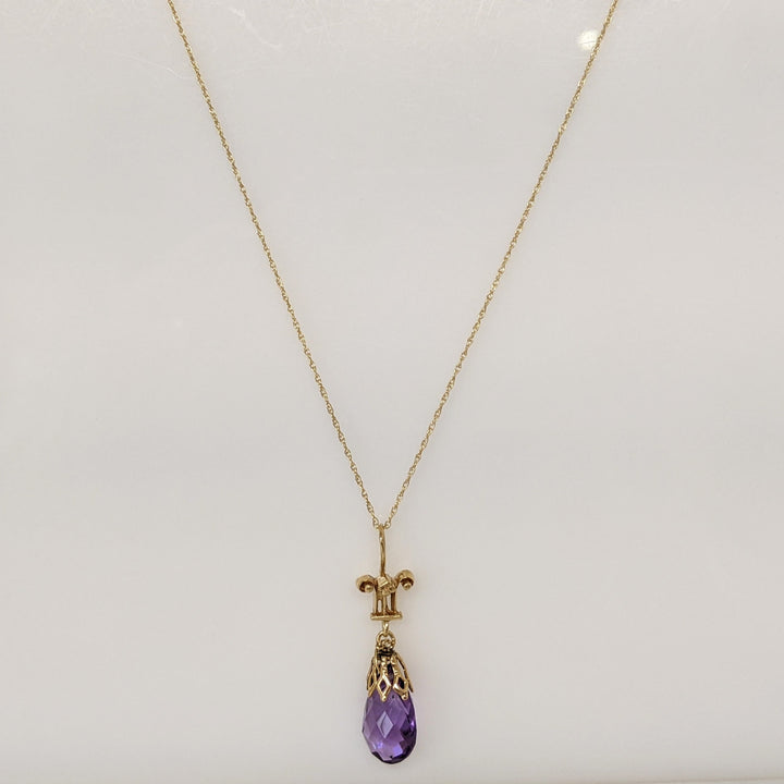 14K AMETHYST BRIOLETTE ESTATE PENDANT & CHAIN 2.6 GRAMS