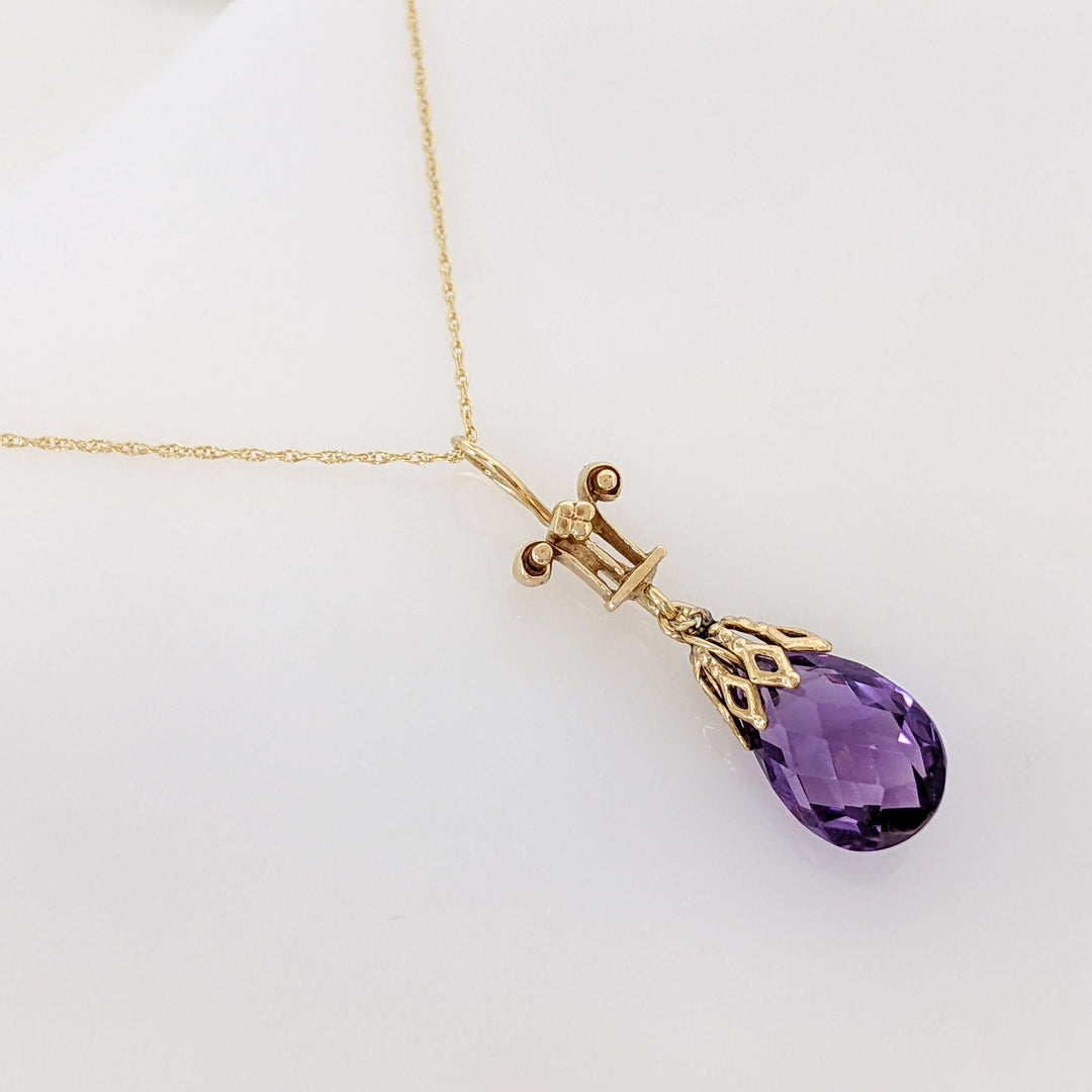 14K AMETHYST BRIOLETTE ESTATE PENDANT & CHAIN 2.6 GRAMS