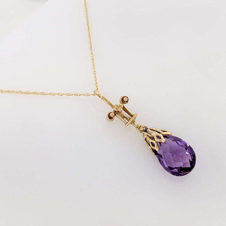 14K AMETHYST BRIOLETTE ESTATE PENDANT & CHAIN 2.6 GRAMS