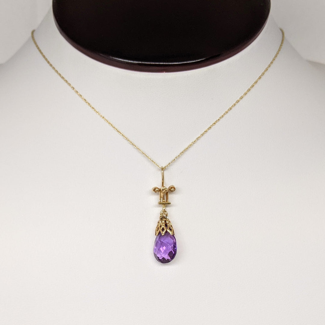 14K AMETHYST BRIOLETTE ESTATE PENDANT & CHAIN 2.6 GRAMS