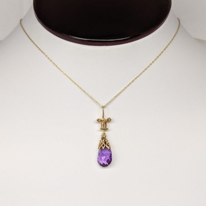 14K AMETHYST BRIOLETTE ESTATE PENDANT & CHAIN 2.6 GRAMS