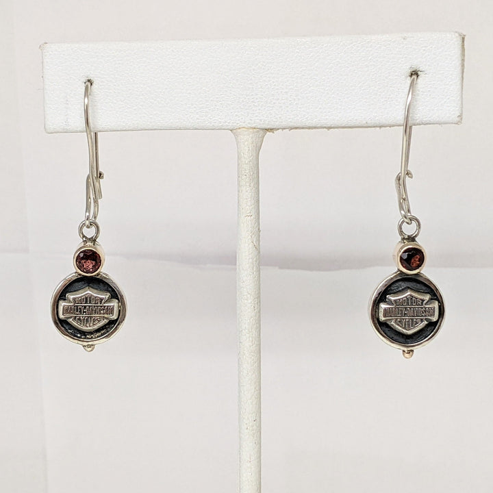 STERLING SILVER HARLEY DAVIDSON WITH PINK TOURMALINE ROUND BEZEL DANGLE ESTATE EARRINGS 6.2 GRAMS