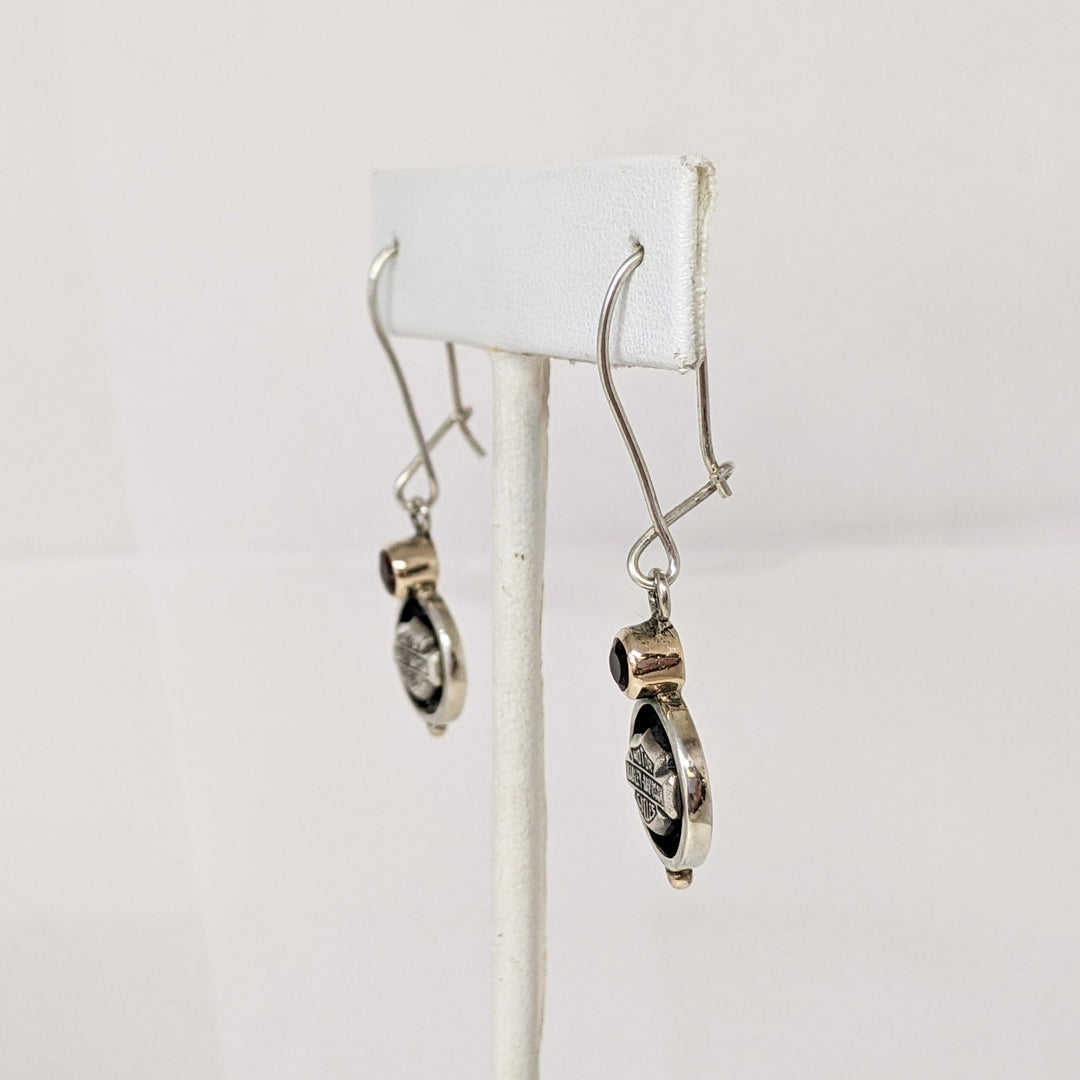 STERLING SILVER HARLEY DAVIDSON WITH PINK TOURMALINE ROUND BEZEL DANGLE ESTATE EARRINGS 6.2 GRAMS