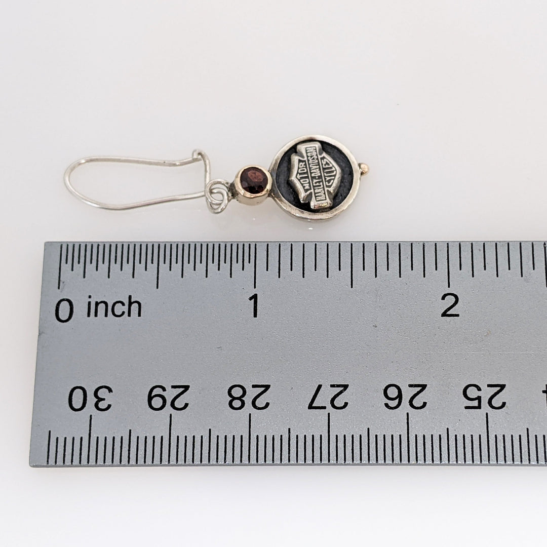 STERLING SILVER HARLEY DAVIDSON WITH PINK TOURMALINE ROUND BEZEL DANGLE ESTATE EARRINGS 6.2 GRAMS
