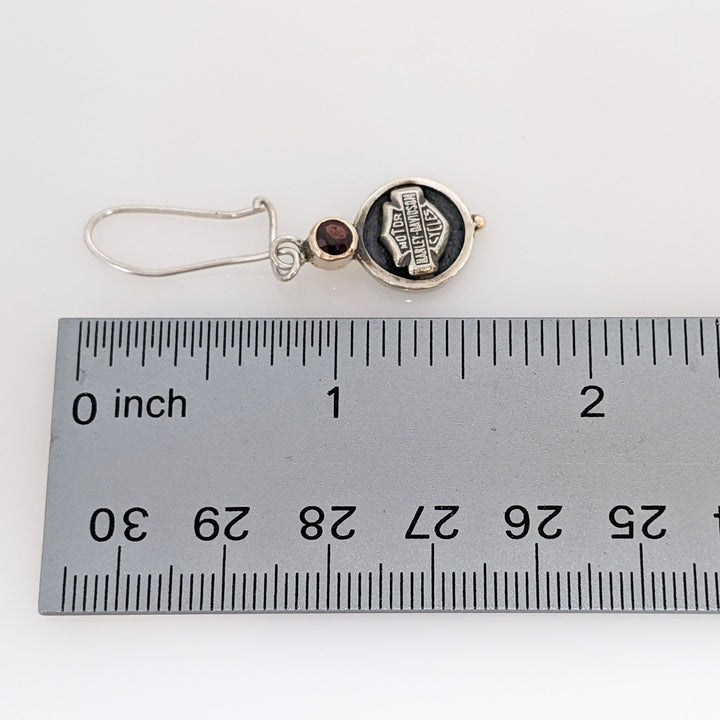 STERLING SILVER HARLEY DAVIDSON WITH PINK TOURMALINE ROUND BEZEL DANGLE ESTATE EARRINGS 6.2 GRAMS