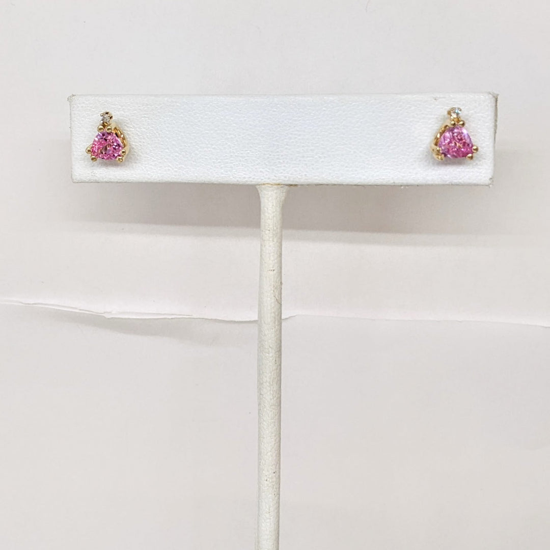 14K PINK SAPPHIRE TRILLION CUT 5X5 WITH (2) MELEE ESTATE STUD EARRINGS 1.2 GRAMS