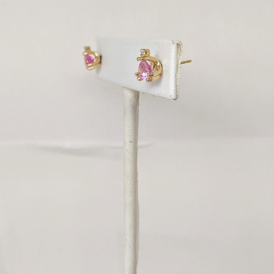 14K PINK SAPPHIRE TRILLION CUT 5X5 WITH (2) MELEE ESTATE STUD EARRINGS 1.2 GRAMS