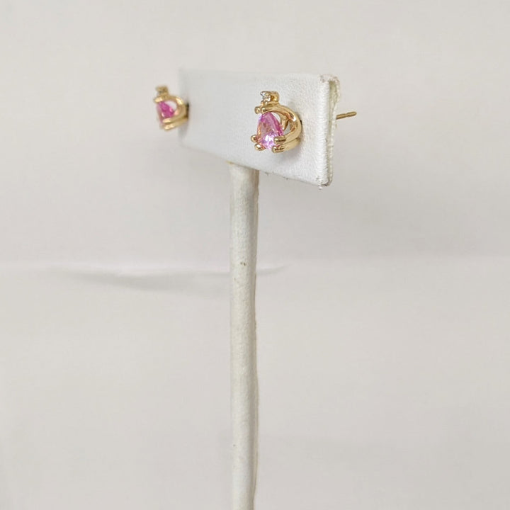 14K PINK SAPPHIRE TRILLION CUT 5X5 WITH (2) MELEE ESTATE STUD EARRINGS 1.2 GRAMS