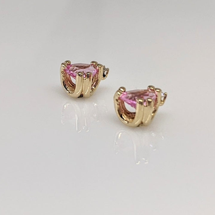 14K PINK SAPPHIRE TRILLION CUT 5X5 WITH (2) MELEE ESTATE STUD EARRINGS 1.2 GRAMS
