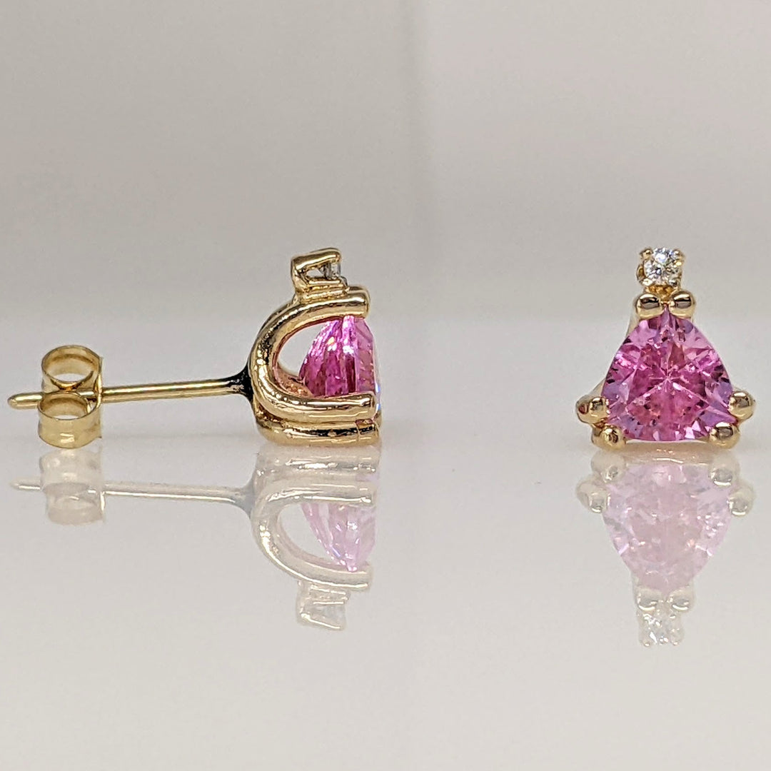14K PINK SAPPHIRE TRILLION CUT 5X5 WITH (2) MELEE ESTATE STUD EARRINGS 1.2 GRAMS