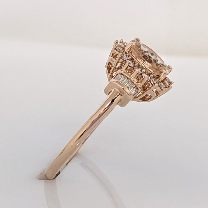 10K ROSE MORGANITE OVAL 5X7 WITH (16) ROUND (8) BAGUETTE .21 DIAMOND TOTAL WEIGHT ESTATE RING 1.8 GRAMS