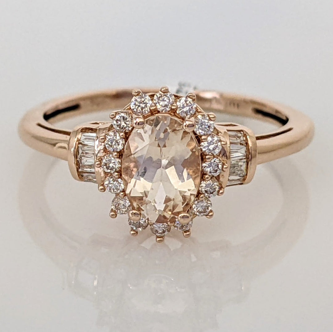 10K ROSE MORGANITE OVAL 5X7 WITH (16) ROUND (8) BAGUETTE .21 DIAMOND TOTAL WEIGHT ESTATE RING 1.8 GRAMS