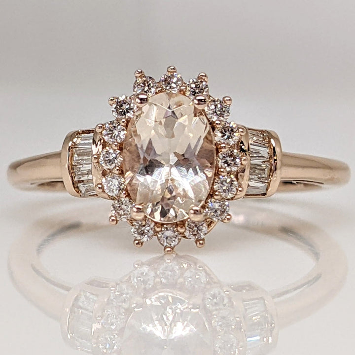 10K ROSE MORGANITE OVAL 5X7 WITH (16) ROUND (8) BAGUETTE .21 DIAMOND TOTAL WEIGHT ESTATE RING 1.8 GRAMS