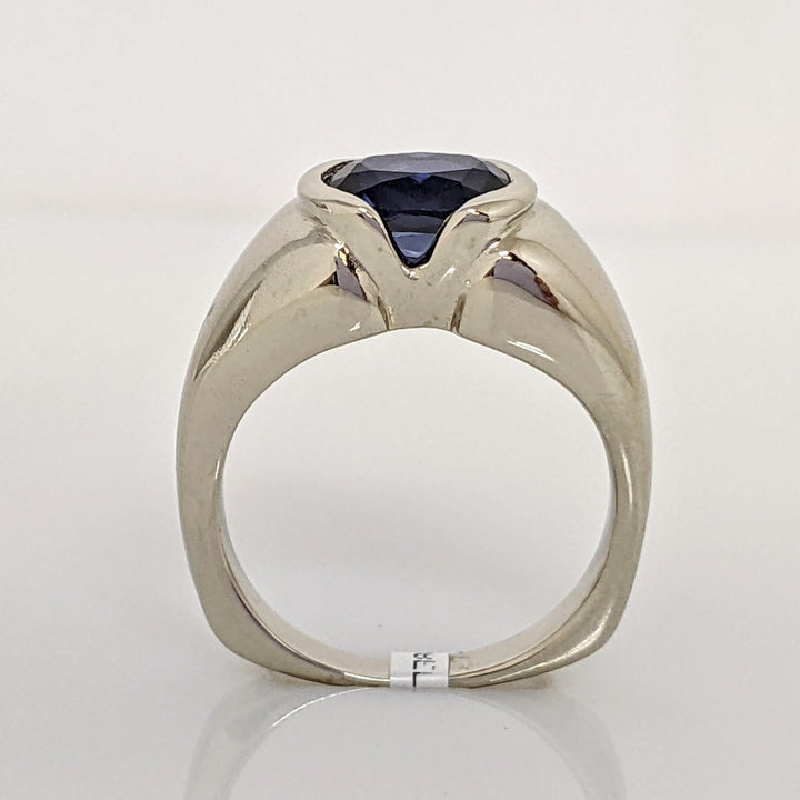 14K WHITE LAB-CREATED SAPPHIRE OVAL 6X7 HALF-BEZEL ESTATE RING 6.4 GRAMS