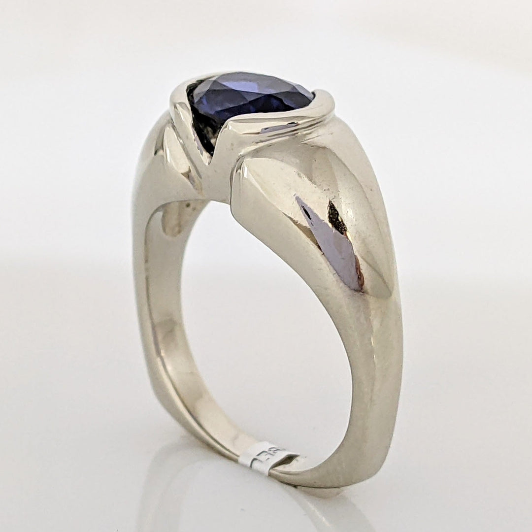 14K WHITE LAB-CREATED SAPPHIRE OVAL 6X7 HALF-BEZEL ESTATE RING 6.4 GRAMS