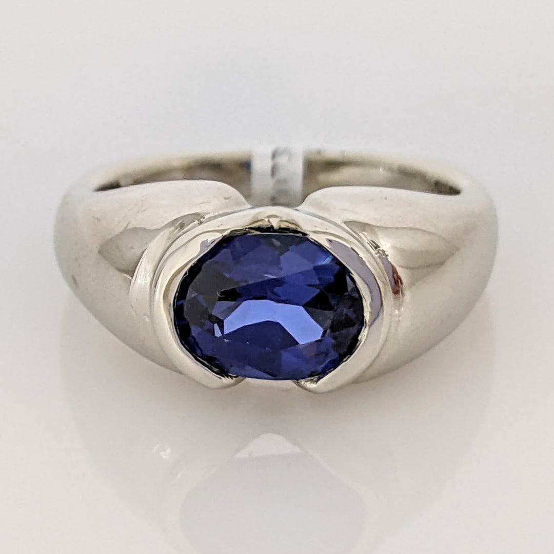 14K WHITE LAB-CREATED SAPPHIRE OVAL 6X7 HALF-BEZEL ESTATE RING 6.4 GRAMS