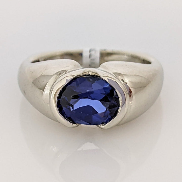 14K WHITE LAB-CREATED SAPPHIRE OVAL 6X7 HALF-BEZEL ESTATE RING 6.4 GRAMS