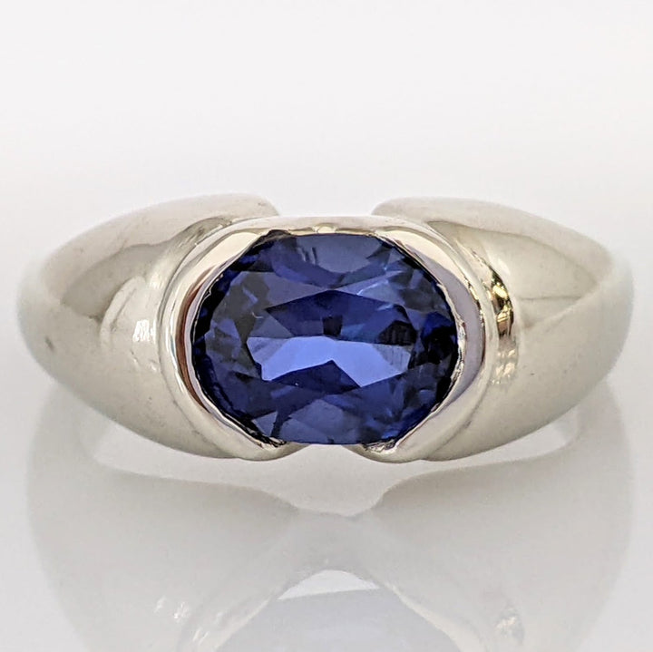 14K WHITE LAB-CREATED SAPPHIRE OVAL 6X7 HALF-BEZEL ESTATE RING 6.4 GRAMS