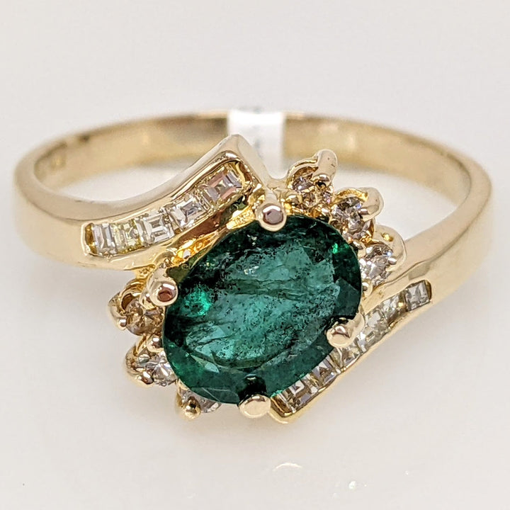 14K EMERALD OVAL 6X8 "A" WITH .28 DIAMOND TOTAL WEIGHT (18) BYPASS ESTATE RING 3.2 GRAMS