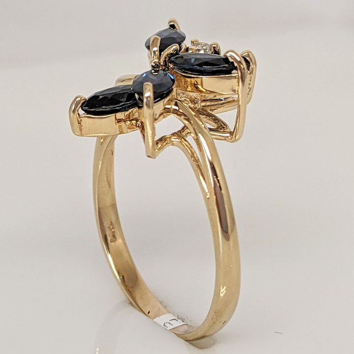 14K SAPPHIRE MARQUISE (5) 2.5X5 WITH MELEE ESTATE RING 2.9 GRAMS