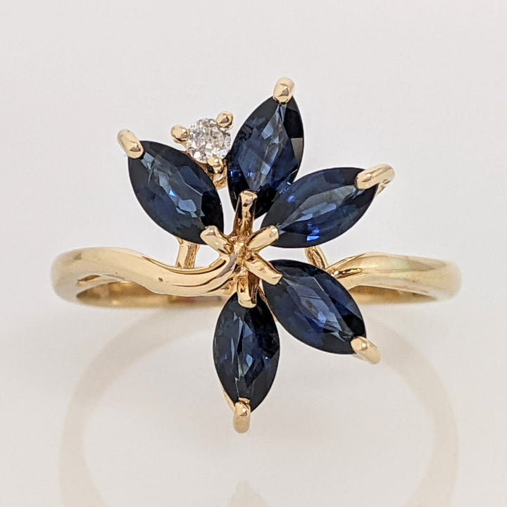 14K SAPPHIRE MARQUISE (5) 2.5X5 WITH MELEE ESTATE RING 2.9 GRAMS